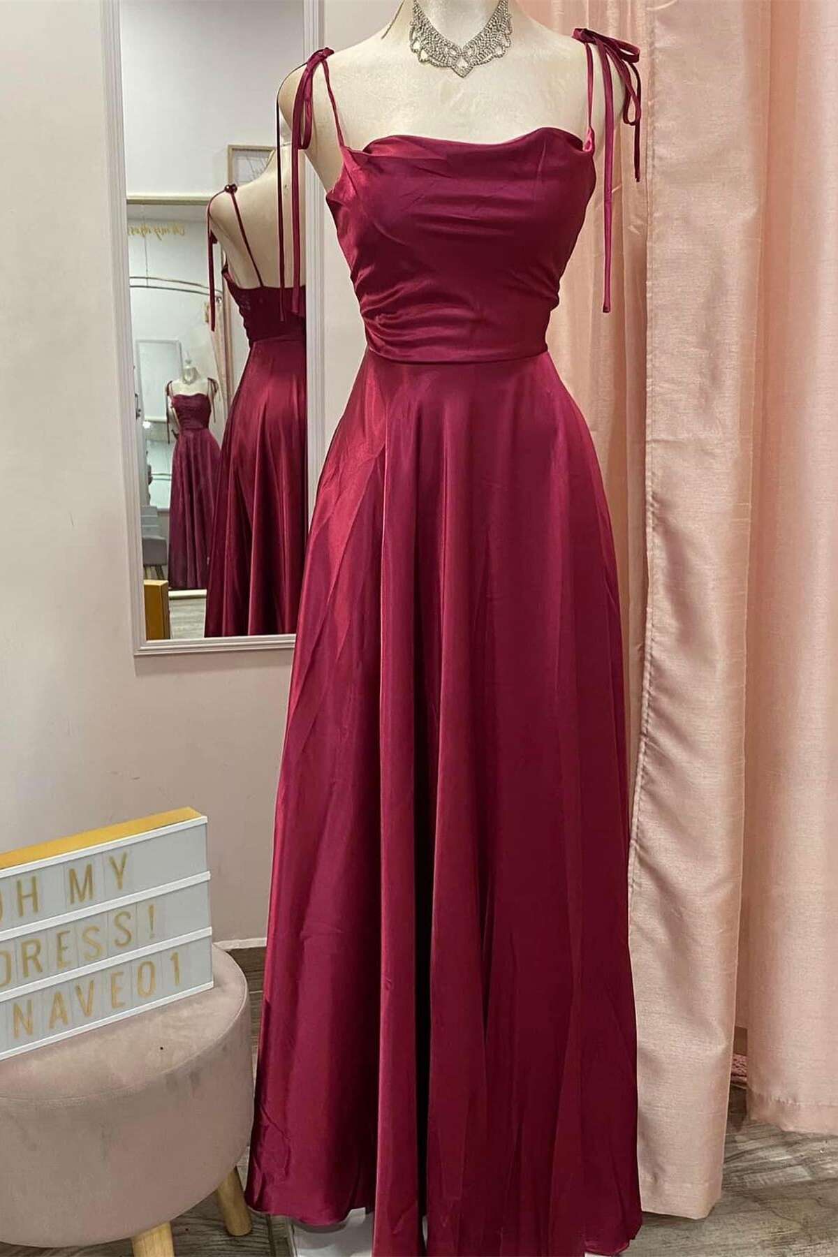Vestido Weitese con lazo en los hombros, corte A, de satén burdeos, vestido largo para fiesta
